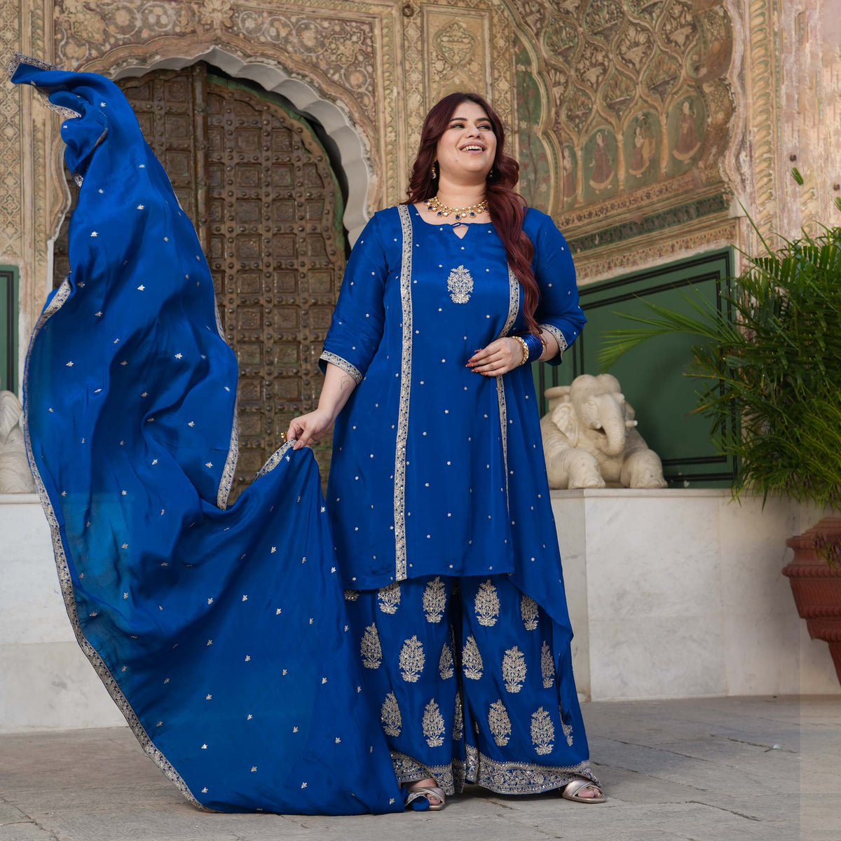 Starry Retreat- Royal Blue Zari & Sequin Embroidered Pure Chinon Suit Set