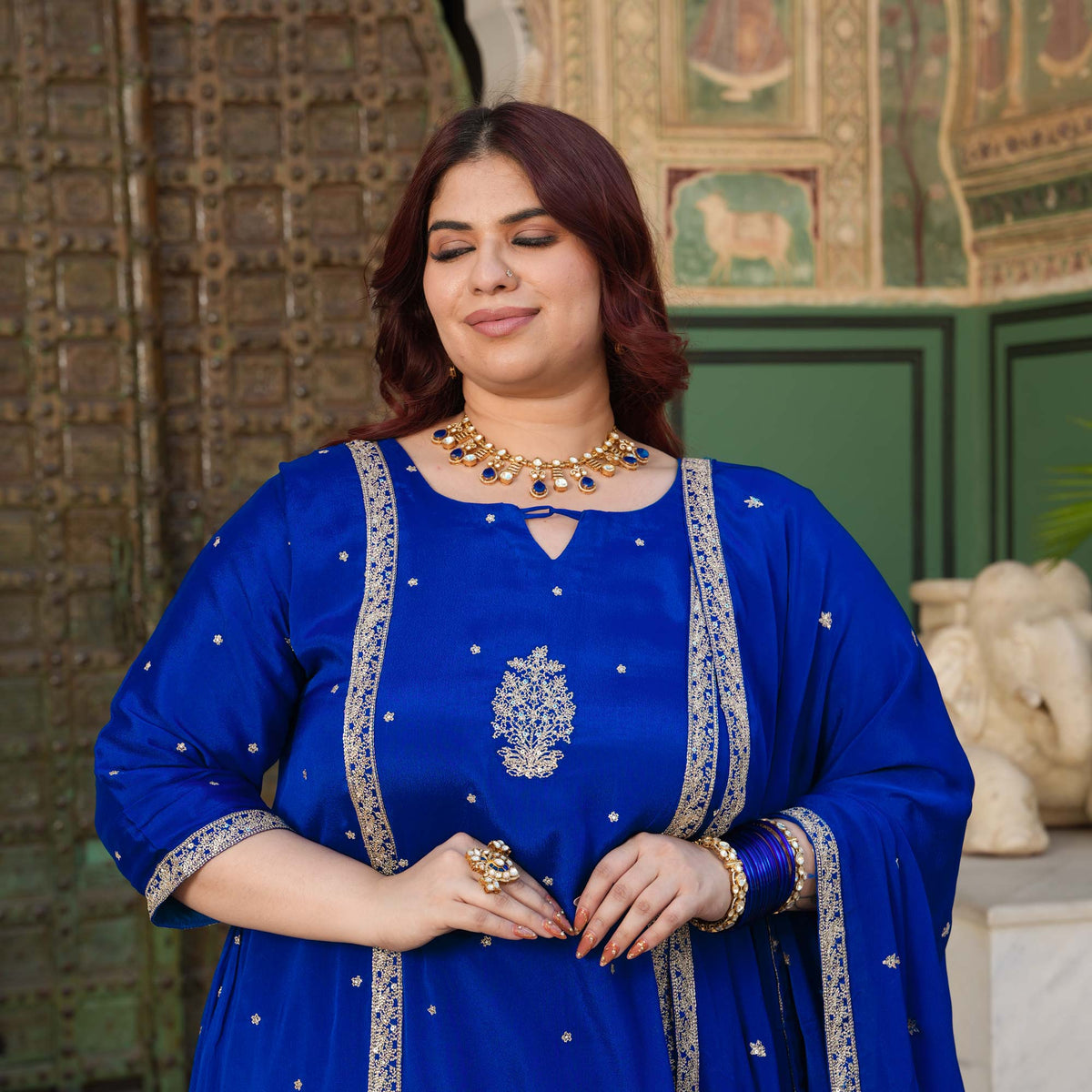 Starry Retreat- Royal Blue Zari & Sequin Embroidered Pure Chinon Suit Set