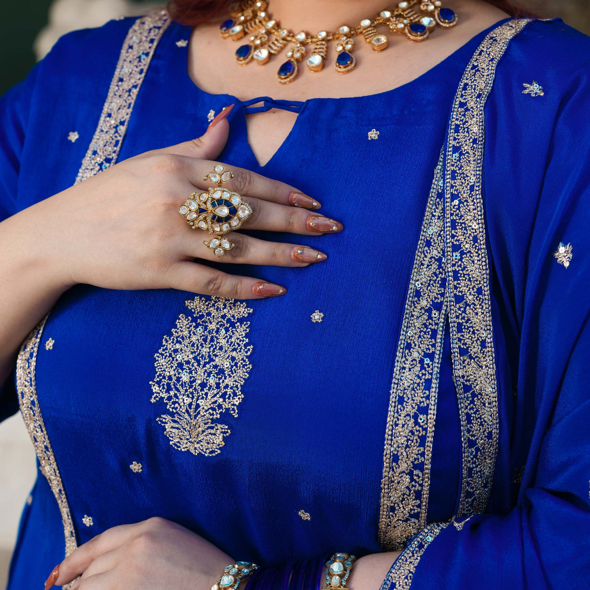 Starry Retreat- Royal Blue Zari & Sequin Embroidered Pure Chinon Suit Set