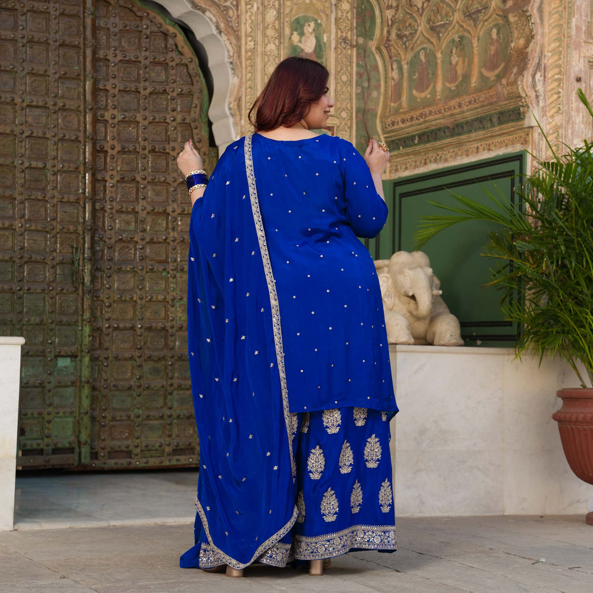 Starry Retreat- Royal Blue Zari & Sequin Embroidered Pure Chinon Suit Set