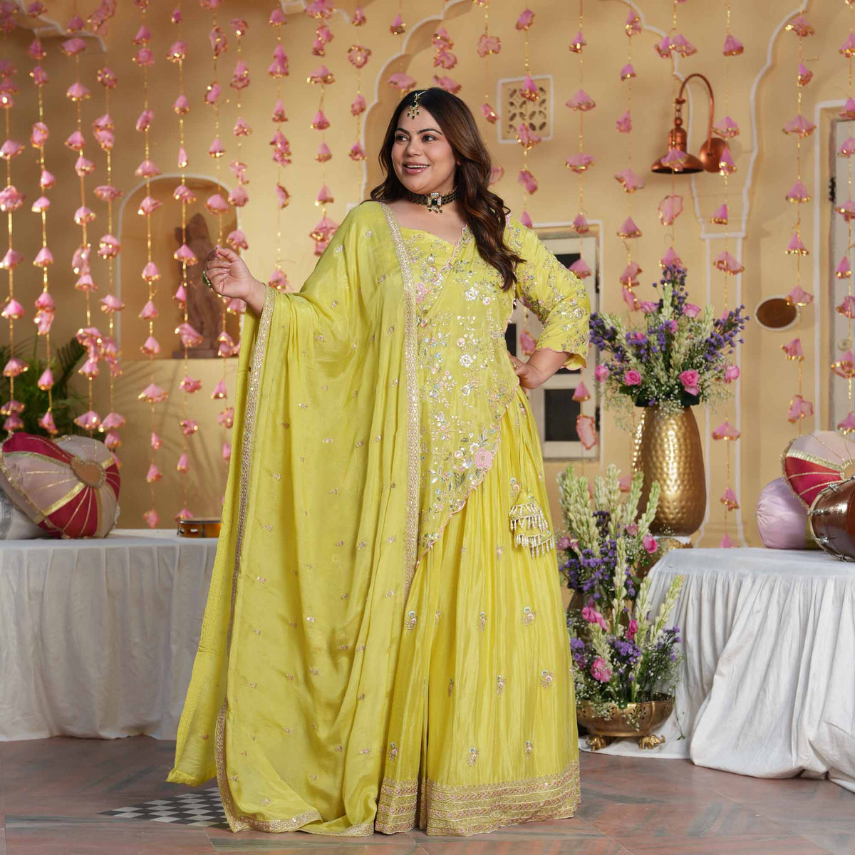 Kundan Pearls- Lemon Thread & Sequin Embroidered Pure Chinon Lehenga Set