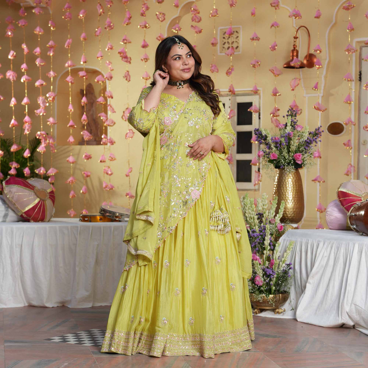 Kundan Pearls- Lemon Thread & Sequin Embroidered Pure Chinon Lehenga Set