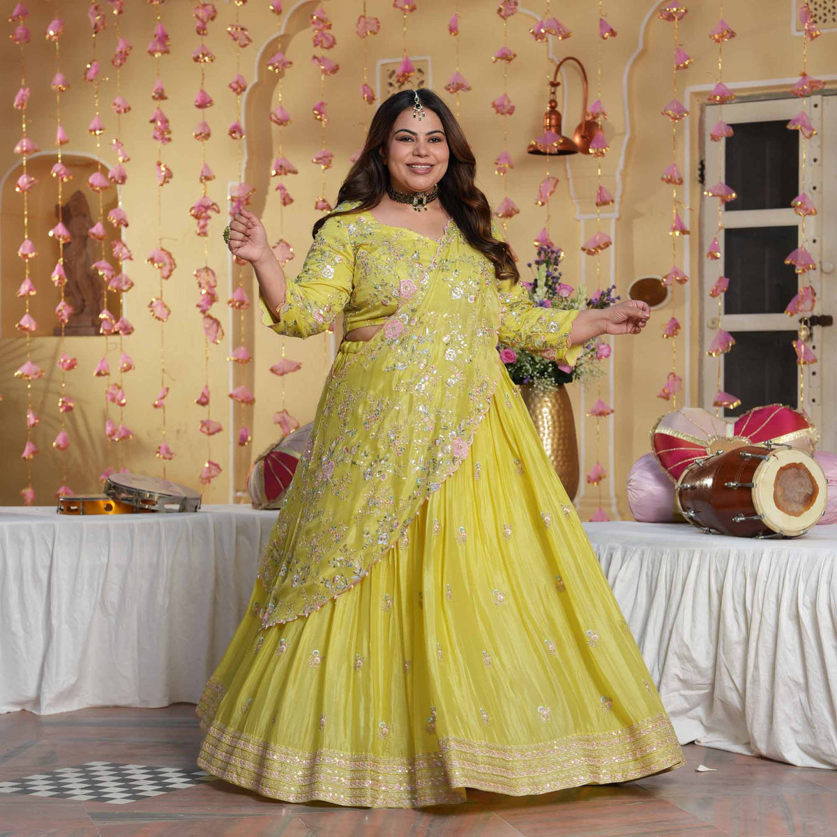 Kundan Pearls- Lemon Thread & Sequin Embroidered Pure Chinon Lehenga Set