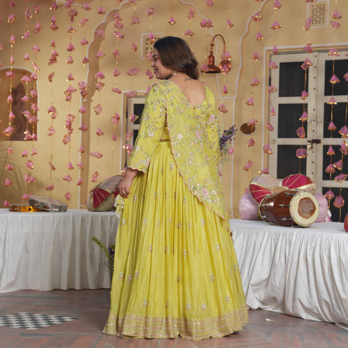 Kundan Pearls- Lemon Thread & Sequin Embroidered Pure Chinon Lehenga Set