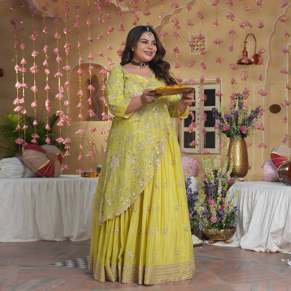 Kundan Pearls- Lemon Thread & Sequin Embroidered Pure Chinon Lehenga Set