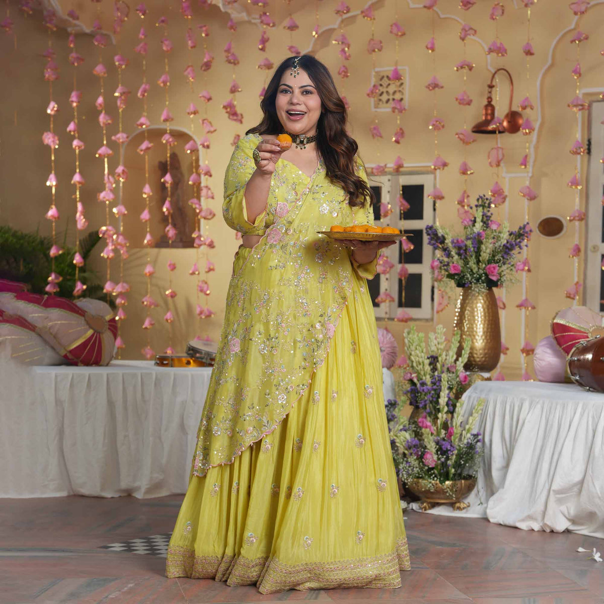 Kundan Pearls- Lemon Thread & Sequin Embroidered Pure Chinon Lehenga Set