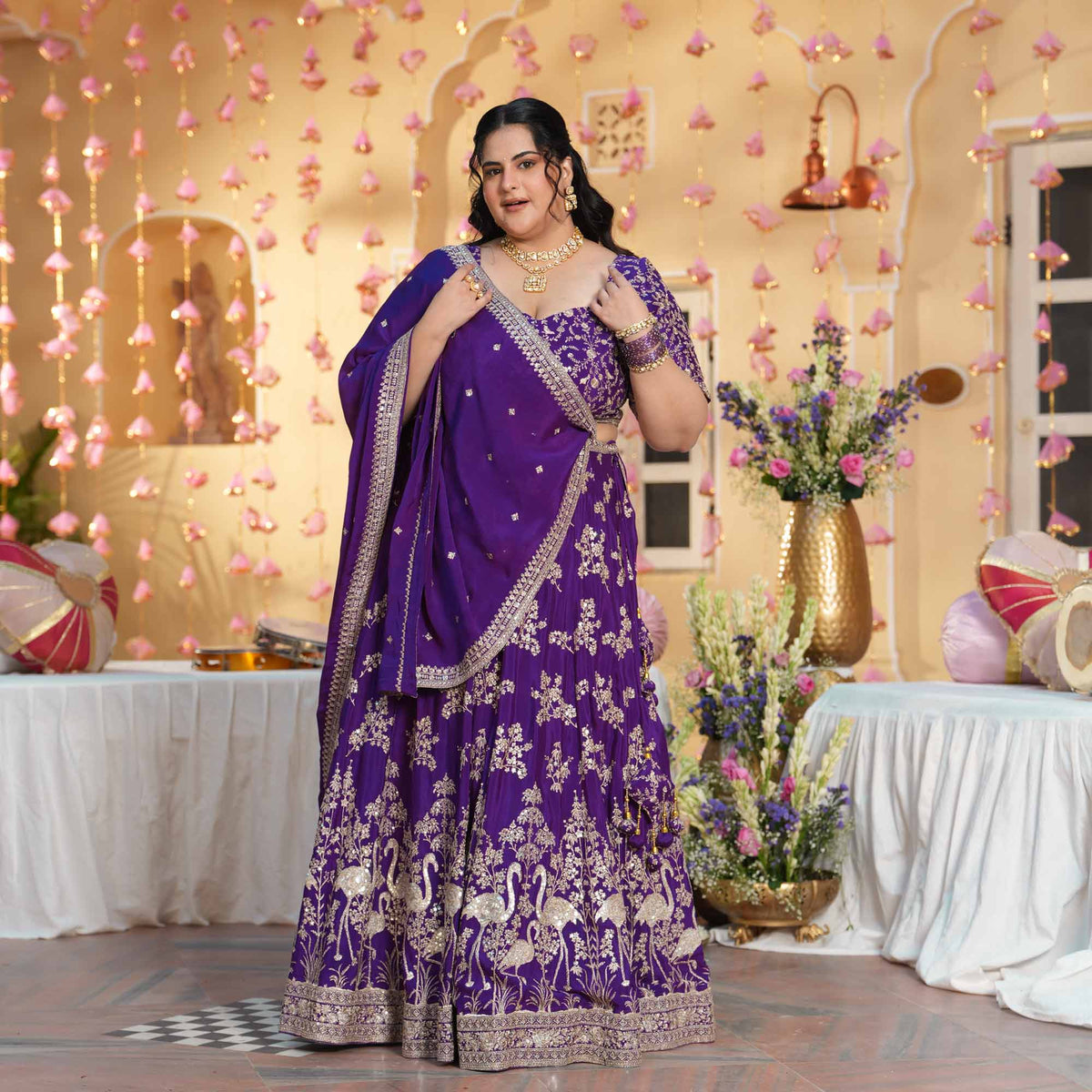 Eden Blooms- Purple Zari & Sequin Embroidered Pure Chinon Lehenga Set