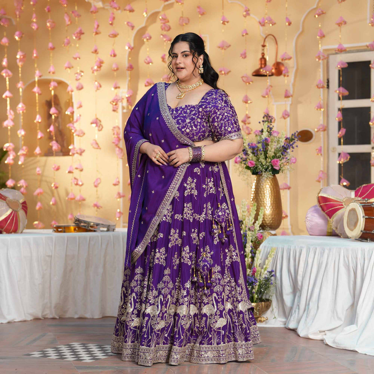 Eden Blooms- Purple Zari & Sequin Embroidered Pure Chinon Lehenga Set