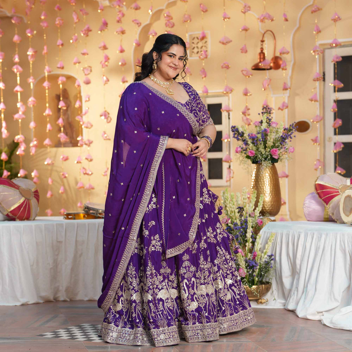 Eden Blooms- Purple Zari & Sequin Embroidered Pure Chinon Lehenga Set