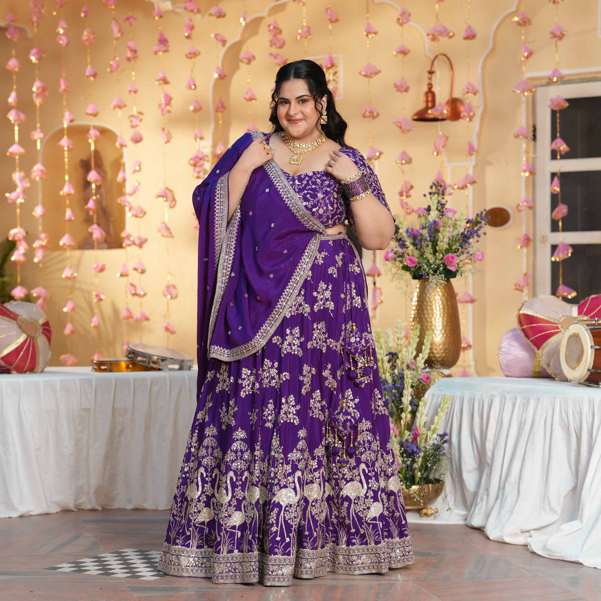 Eden Blooms- Purple Zari & Sequin Embroidered Pure Chinon Lehenga Set