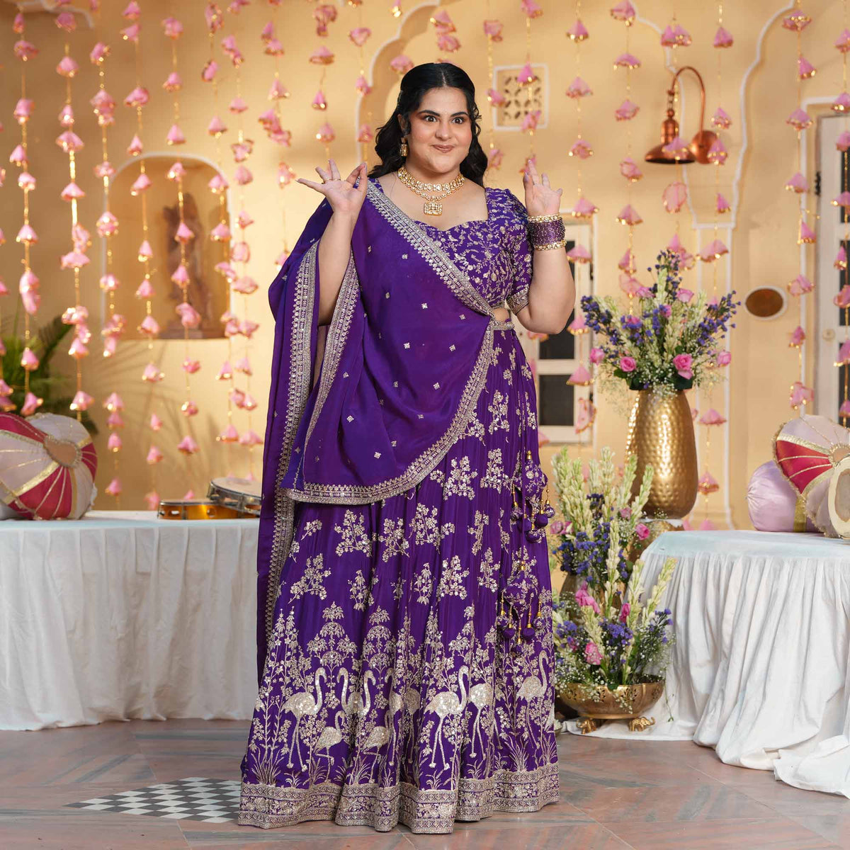 Eden Blooms- Purple Zari & Sequin Embroidered Pure Chinon Lehenga Set