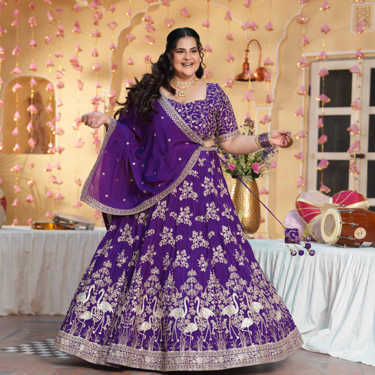 Eden Blooms- Purple Zari & Sequin Embroidered Pure Chinon Lehenga Set