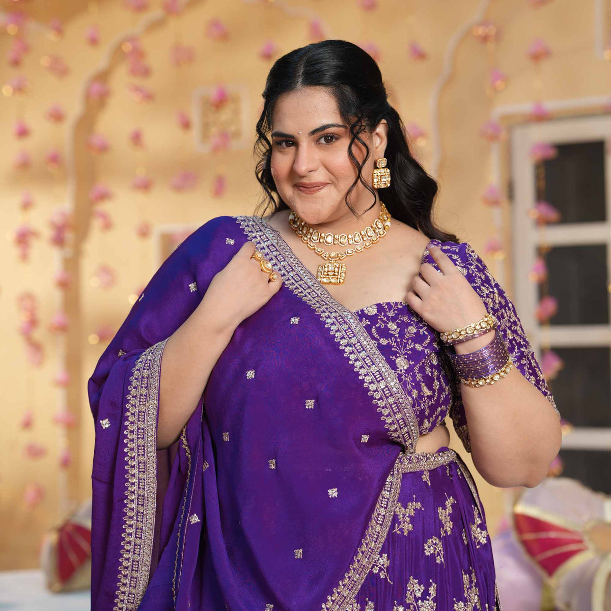 Eden Blooms- Purple Zari & Sequin Embroidered Pure Chinon Lehenga Set