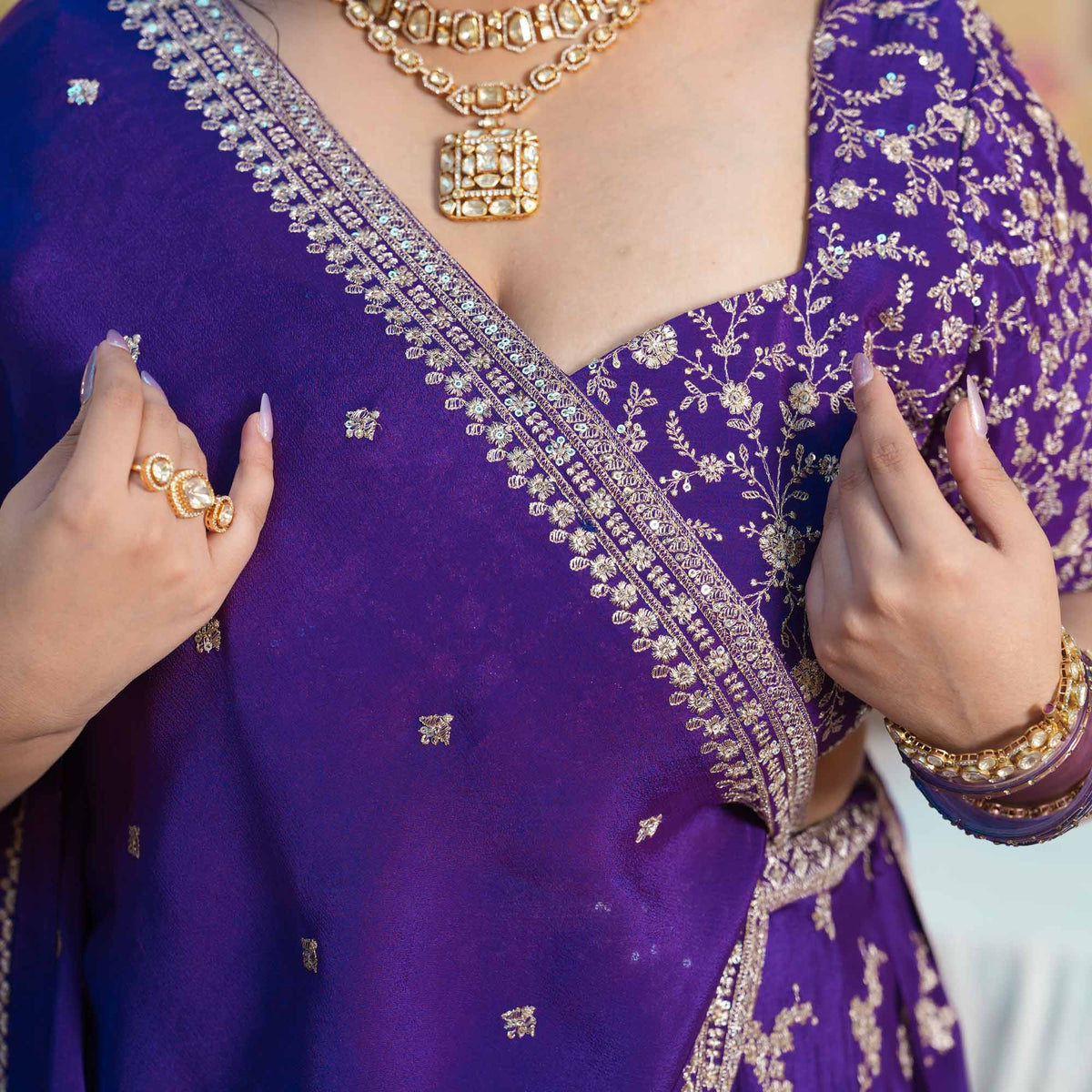 Eden Blooms- Purple Zari & Sequin Embroidered Pure Chinon Lehenga Set