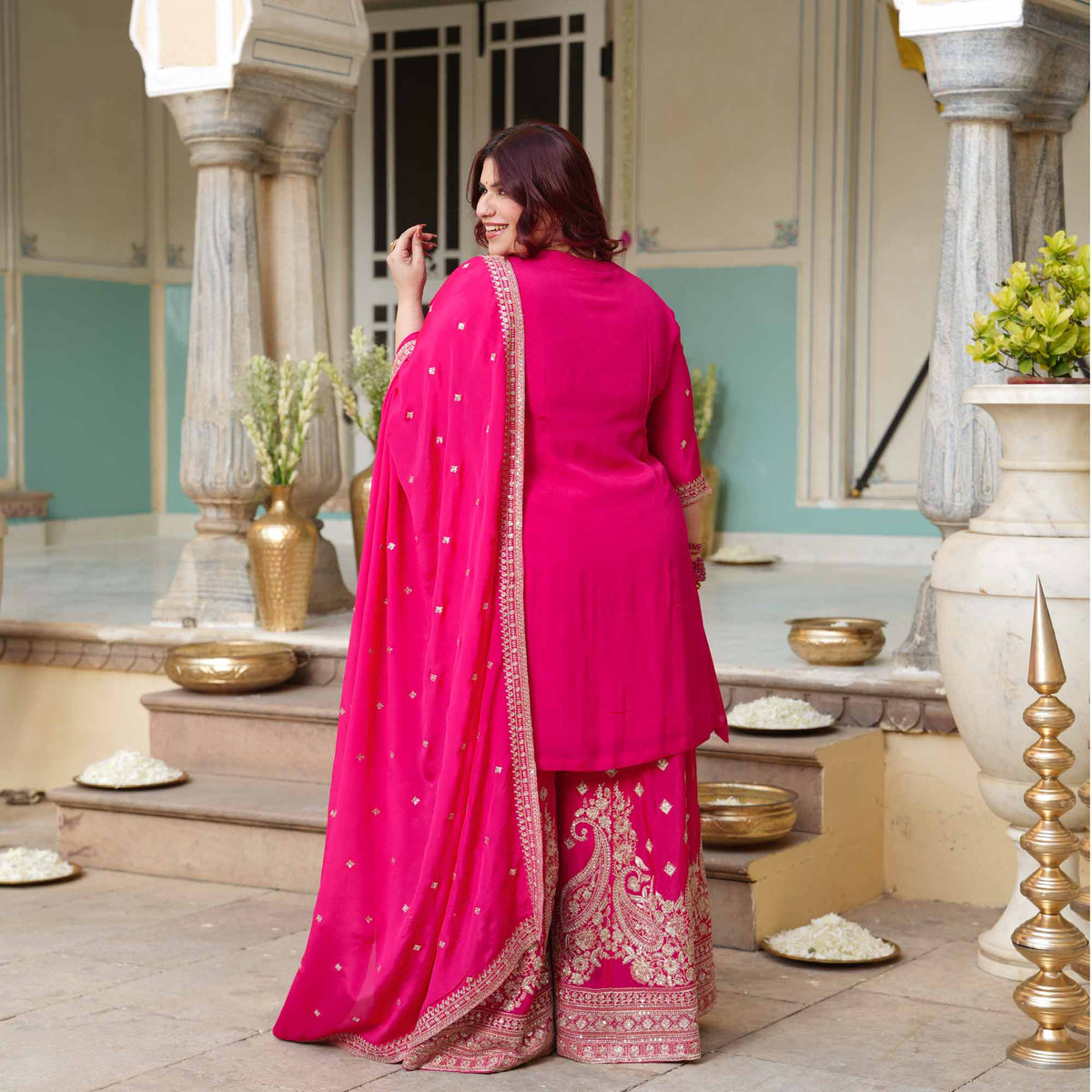 Garden of Roses- Fuchsia Pink Zari & Sequin Embroidered Pure Chinon Suit Set
