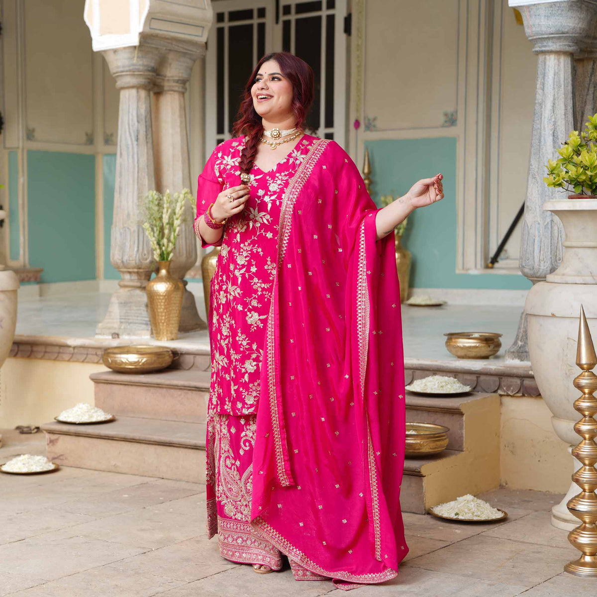 Garden of Roses- Fuchsia Pink Zari & Sequin Embroidered Pure Chinon Suit Set