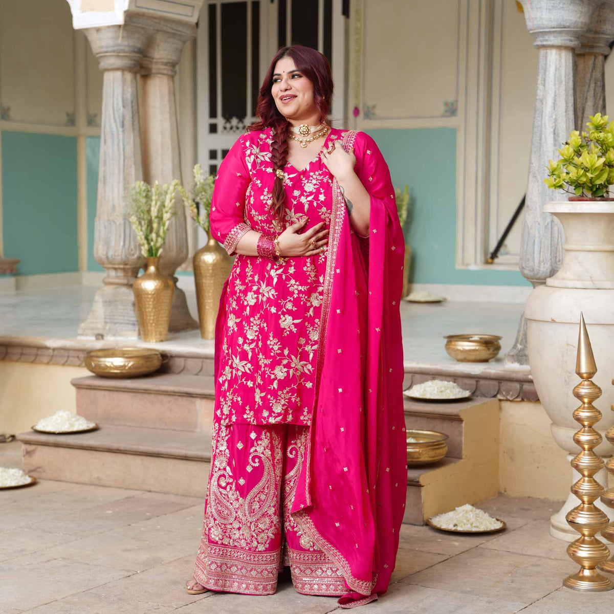 Garden of Roses- Fuchsia Pink Zari & Sequin Embroidered Pure Chinon Suit Set