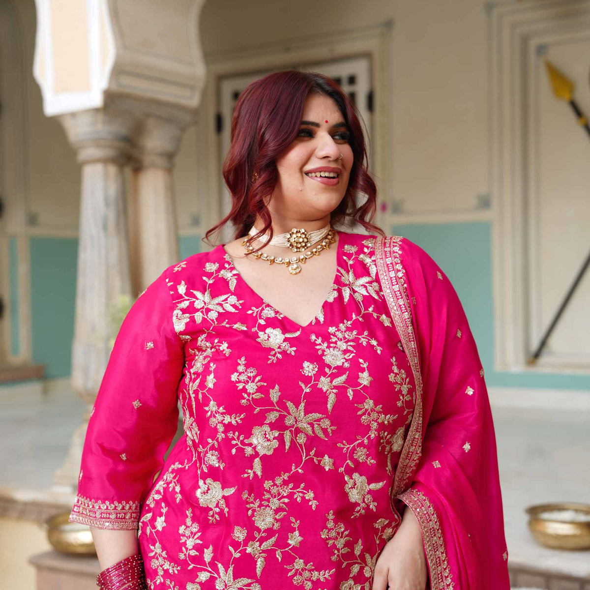 Garden of Roses- Fuchsia Pink Zari & Sequin Embroidered Pure Chinon Suit Set