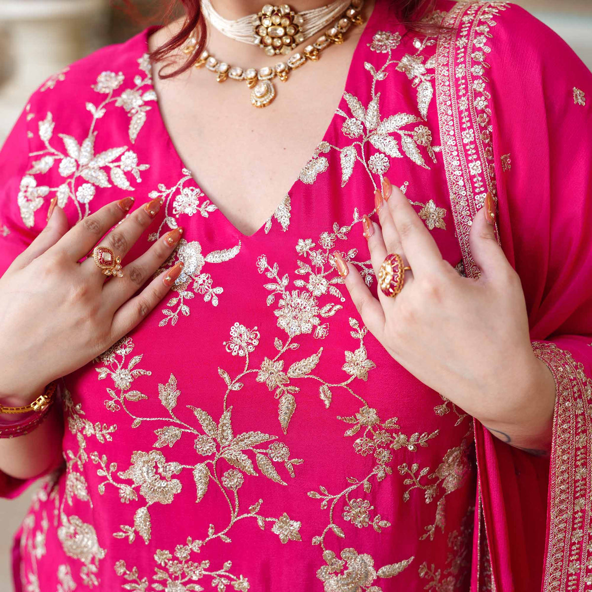 Garden of Roses- Fuchsia Pink Zari & Sequin Embroidered Pure Chinon Suit Set