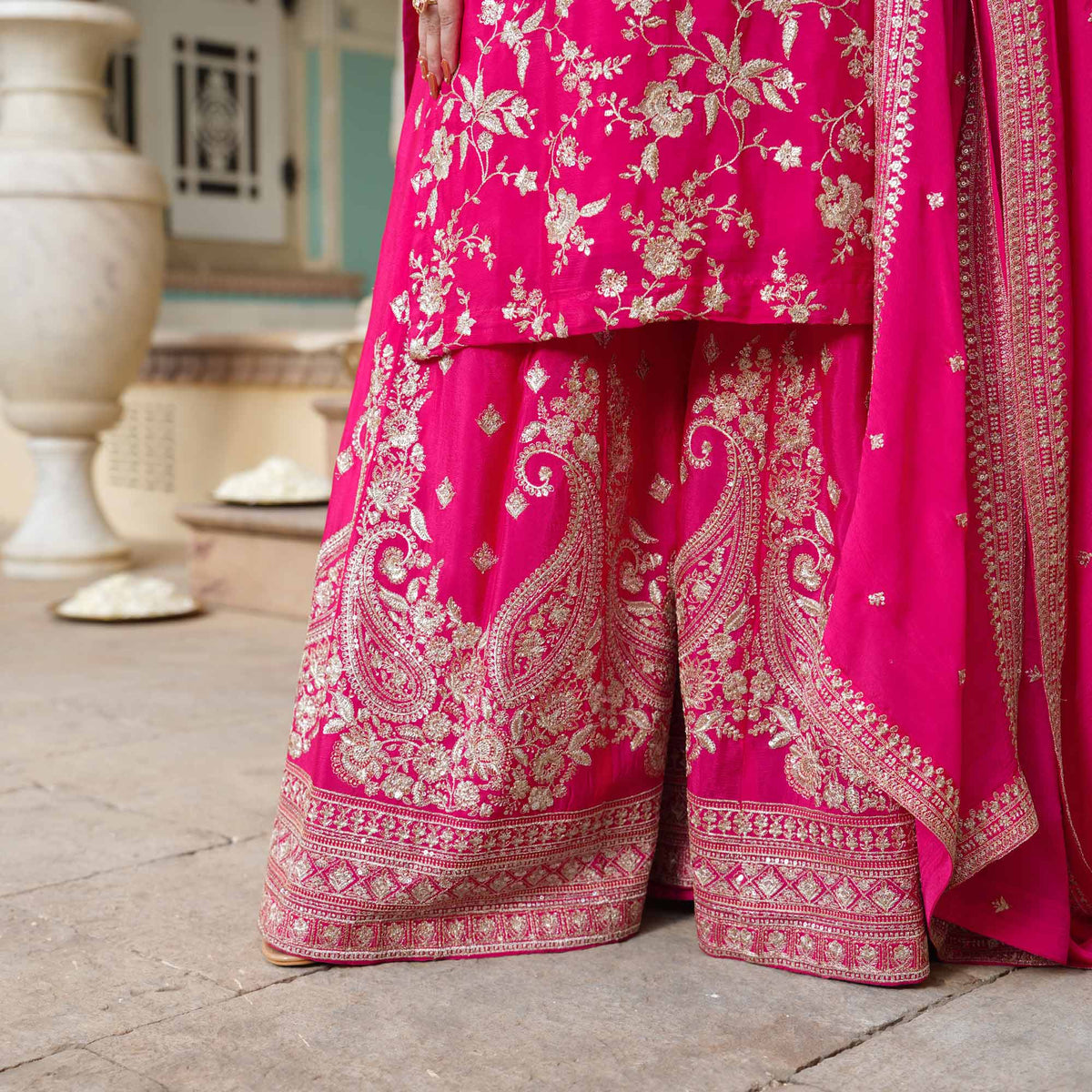 Garden of Roses- Fuchsia Pink Zari & Sequin Embroidered Pure Chinon Suit Set