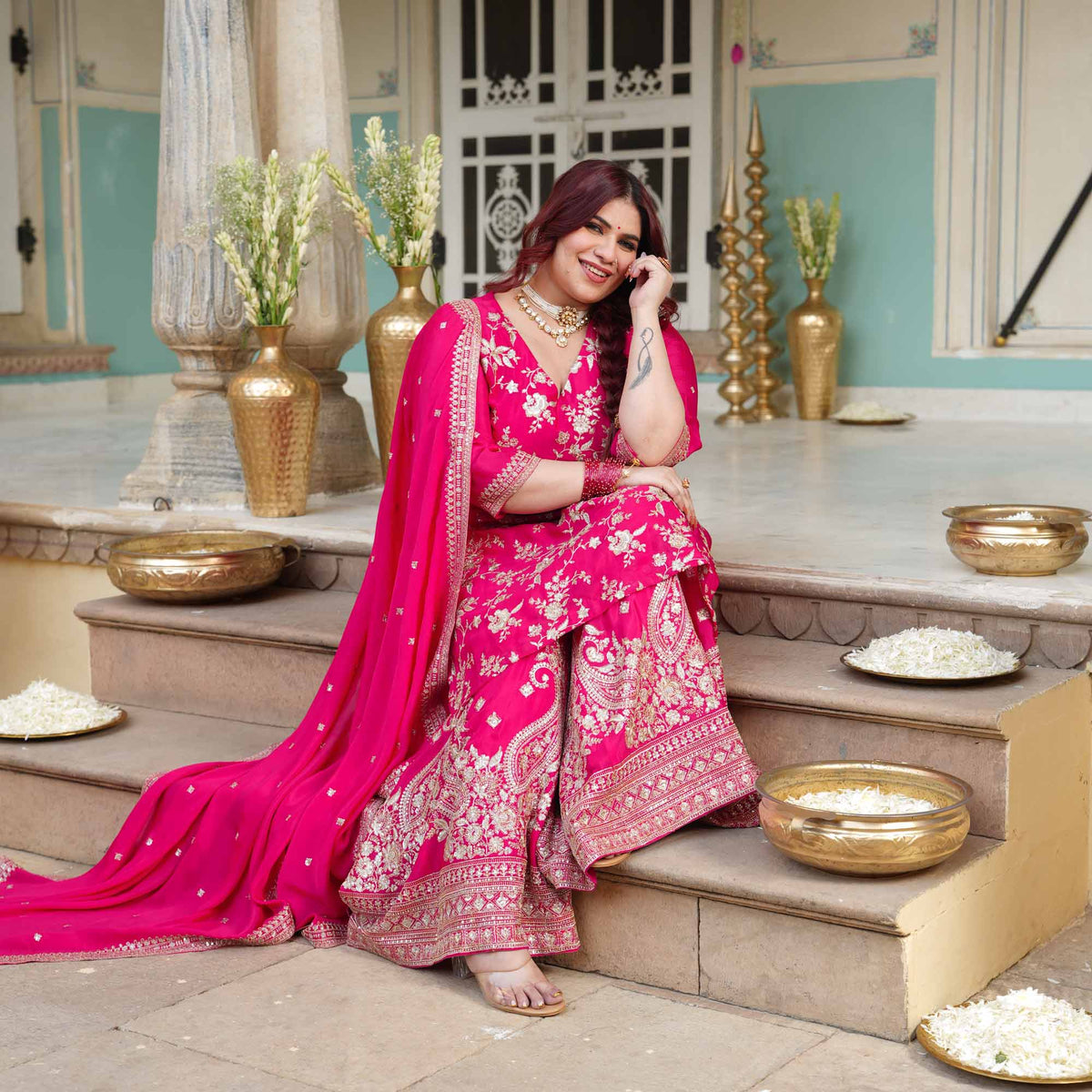Garden of Roses- Fuchsia Pink Zari & Sequin Embroidered Pure Chinon Suit Set