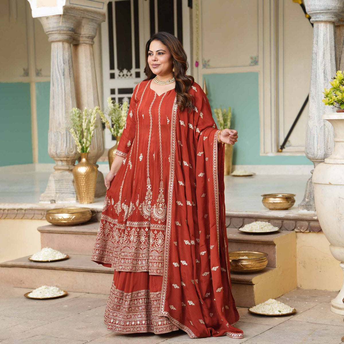 Royal Darbar- Rust Zari & Sequin Embroidered Pure Chinon Anarkali Lehenga Set