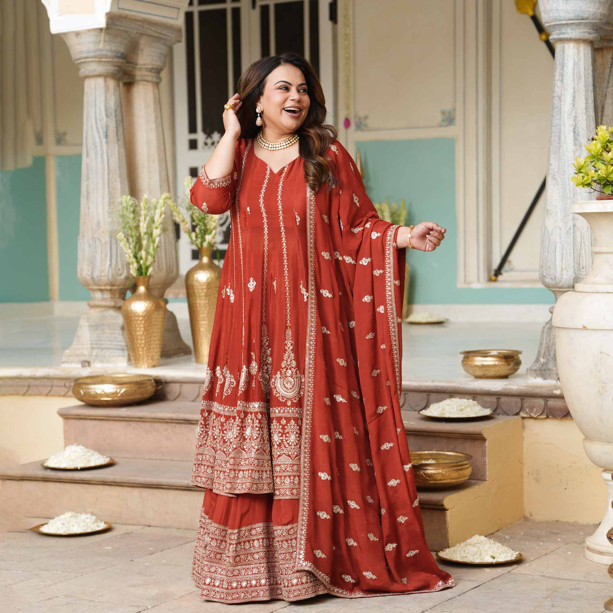 Royal Darbar- Rust Zari & Sequin Embroidered Pure Chinon Anarkali Lehenga Set