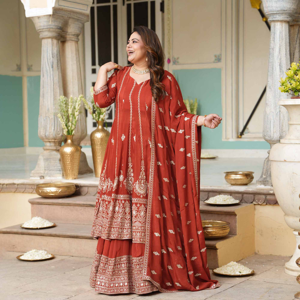 Royal Darbar- Rust Zari & Sequin Embroidered Pure Chinon Anarkali Lehenga Set