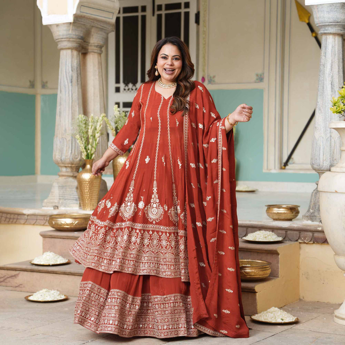 Royal Darbar- Rust Zari & Sequin Embroidered Pure Chinon Anarkali Lehenga Set