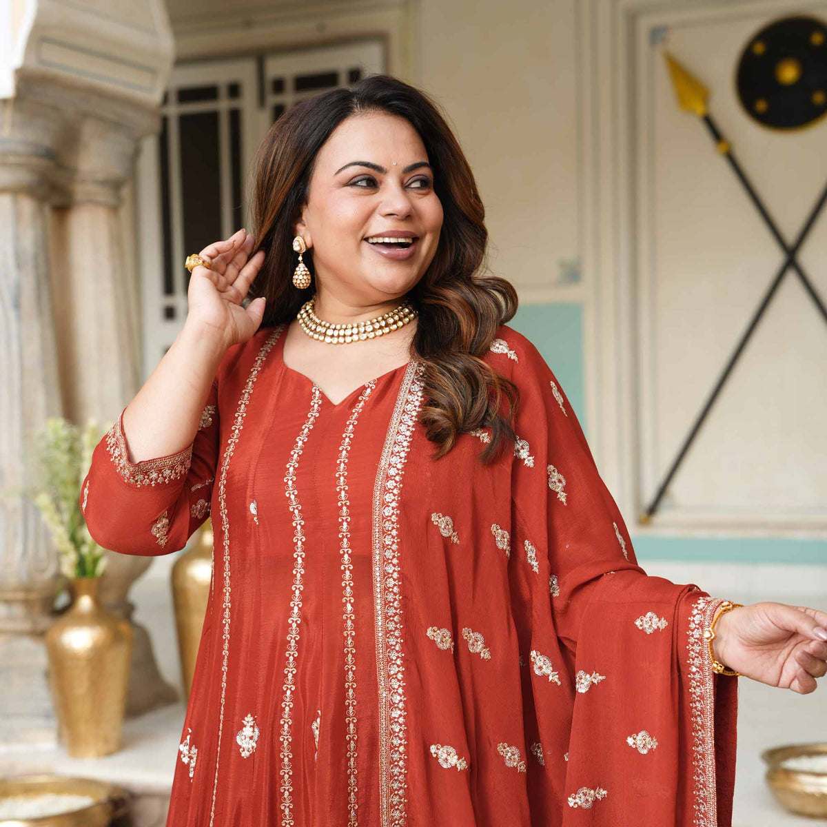 Royal Darbar- Rust Zari & Sequin Embroidered Pure Chinon Anarkali Lehenga Set