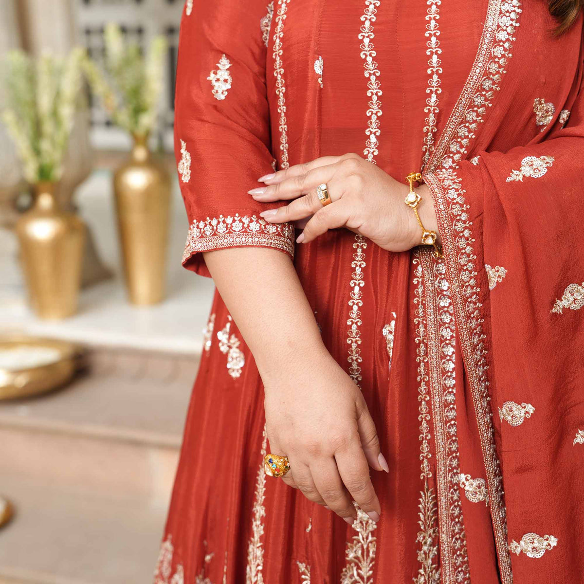 Royal Darbar- Rust Zari & Sequin Embroidered Pure Chinon Anarkali Lehenga Set