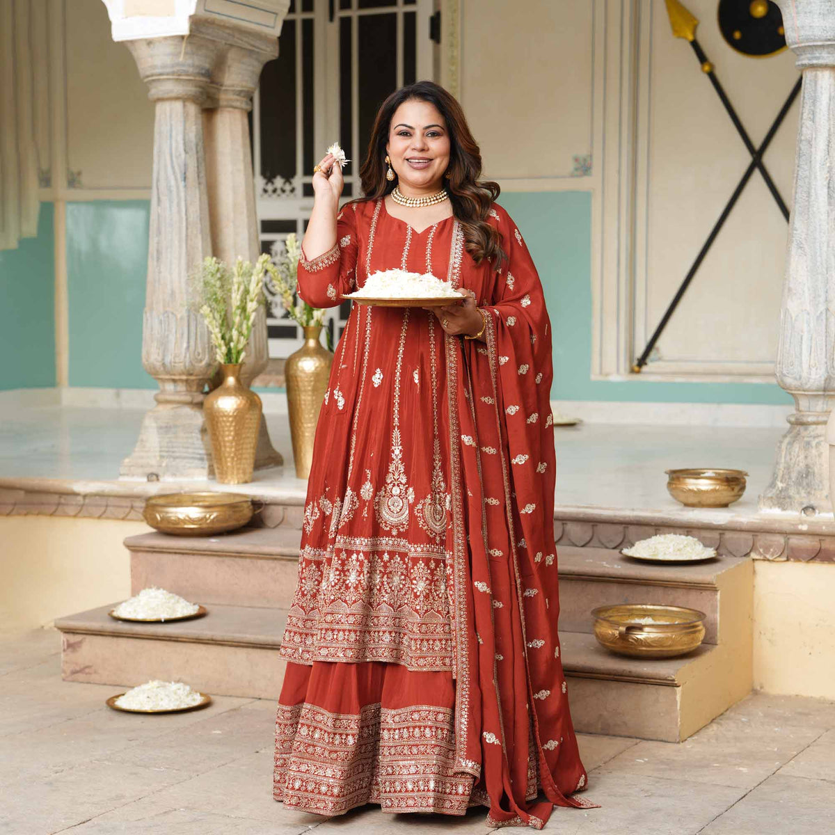 Royal Darbar- Rust Zari & Sequin Embroidered Pure Chinon Anarkali Lehenga Set
