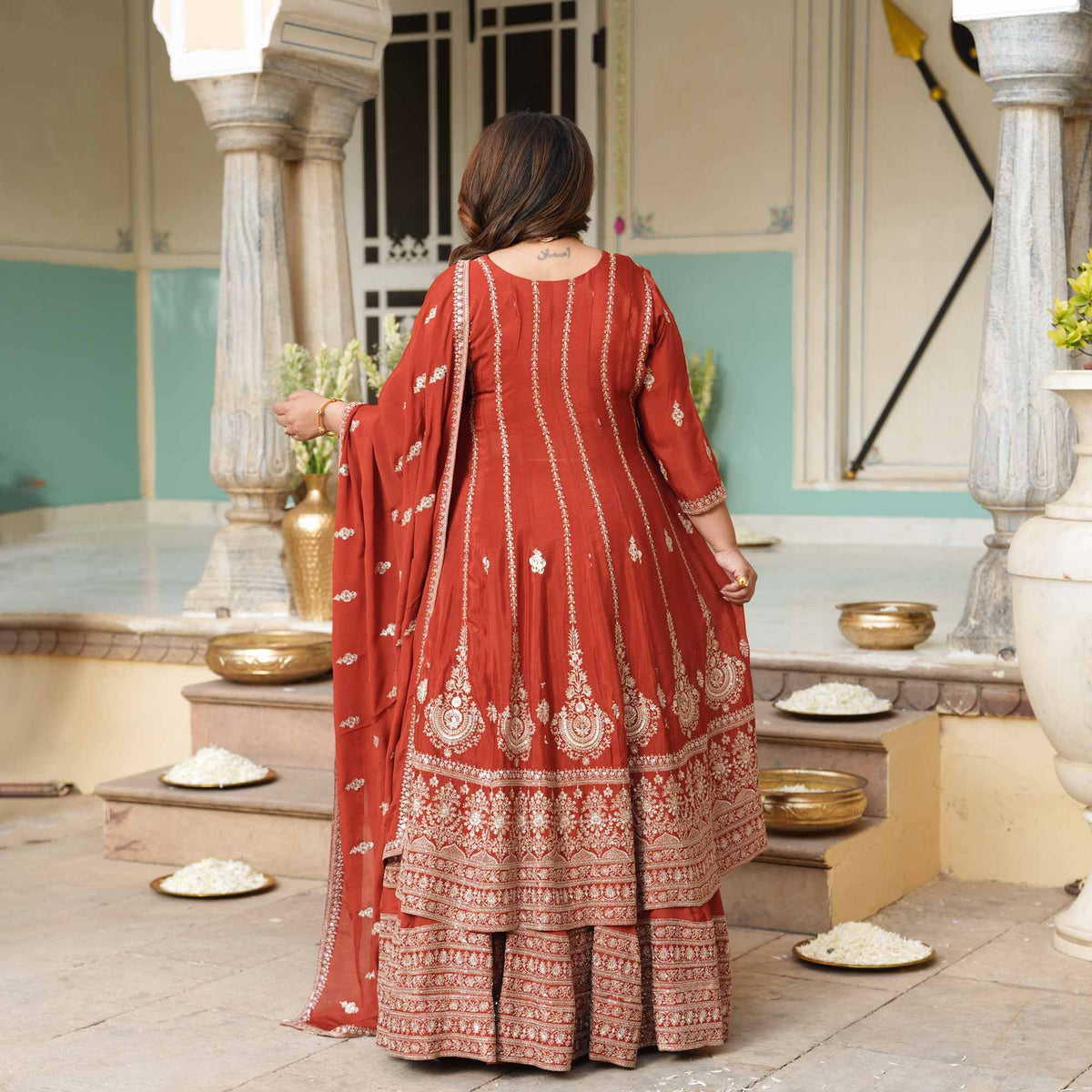 Royal Darbar- Rust Zari & Sequin Embroidered Pure Chinon Anarkali Lehenga Set