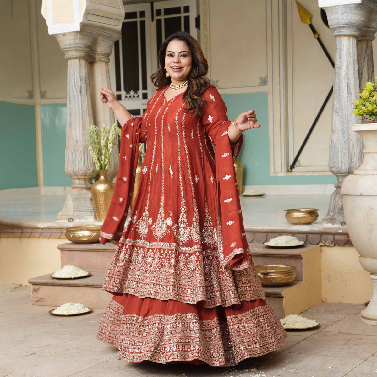 Royal Darbar- Rust Zari & Sequin Embroidered Pure Chinon Anarkali Lehenga Set