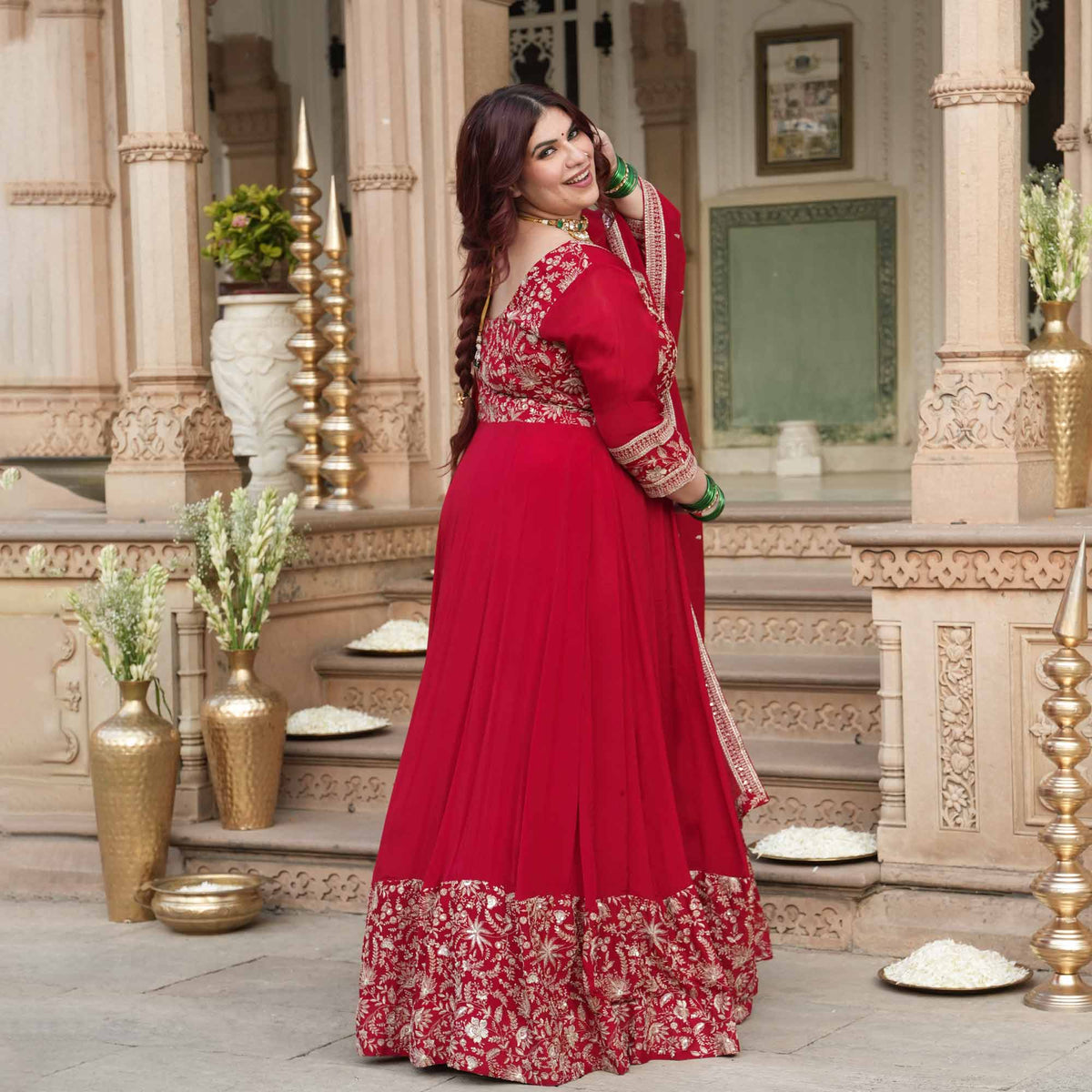 Taj Aangan- Red Zari & Sequin Embroidered Pure Chinon Anarkali Set