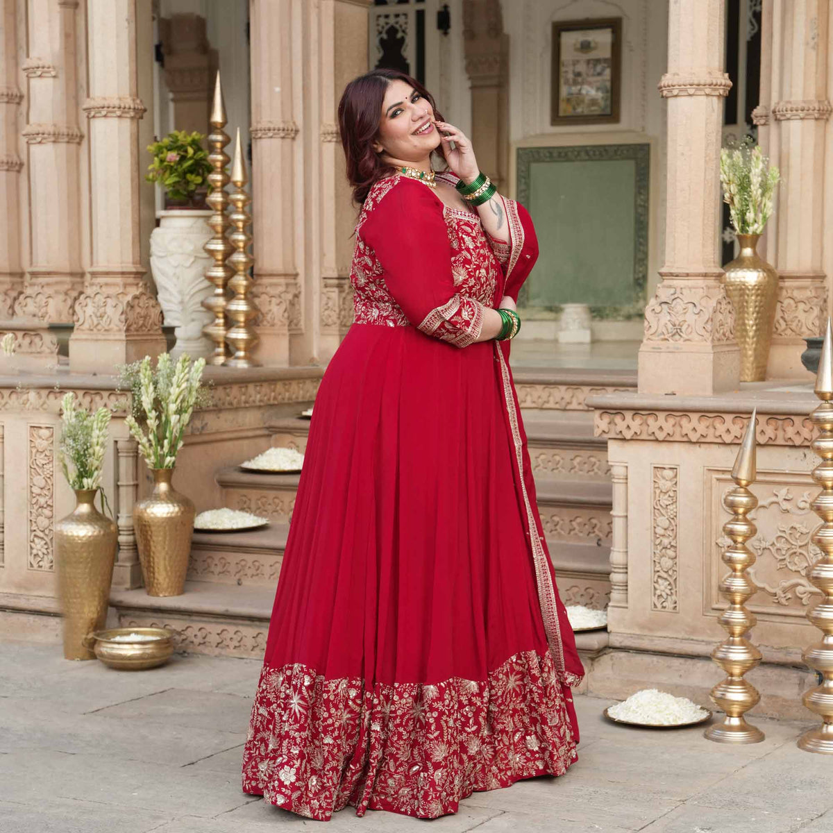 Taj Aangan- Red Zari & Sequin Embroidered Pure Chinon Anarkali Set