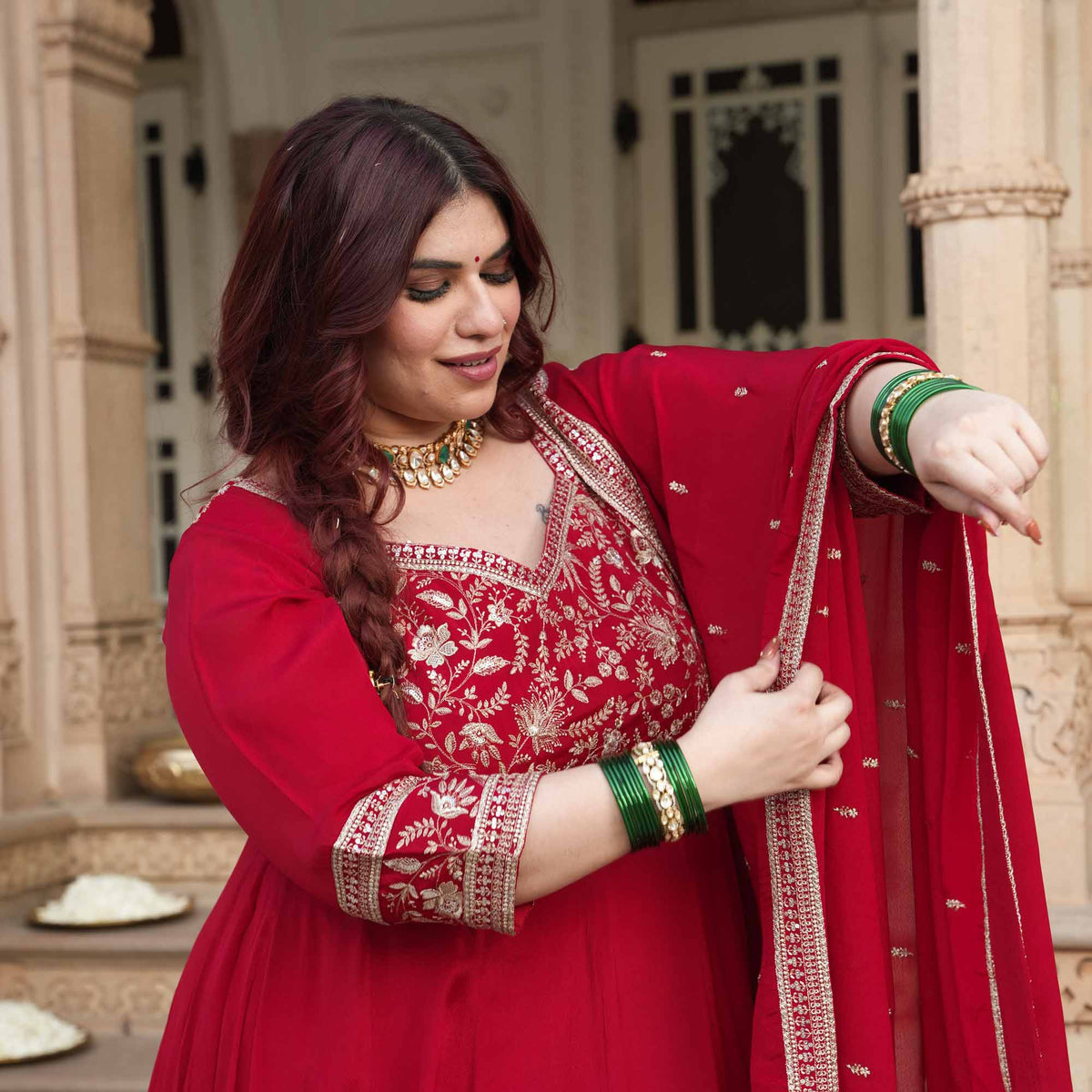 Taj Aangan- Red Zari & Sequin Embroidered Pure Chinon Anarkali Set