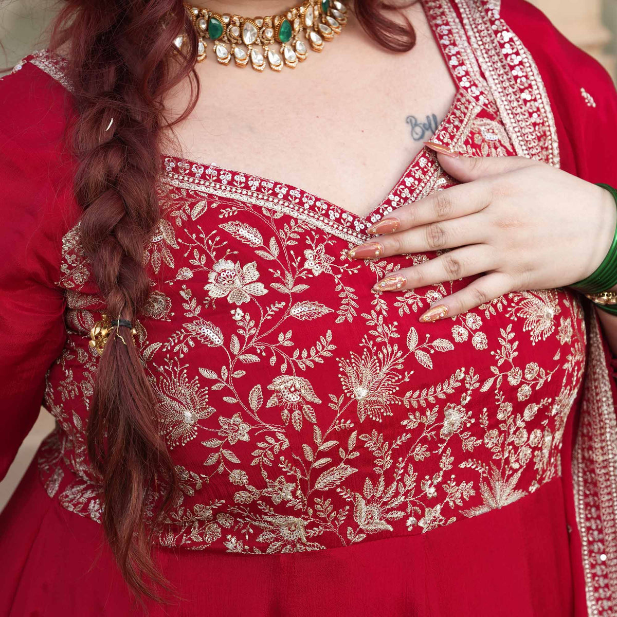 Taj Aangan- Red Zari & Sequin Embroidered Pure Chinon Anarkali Set
