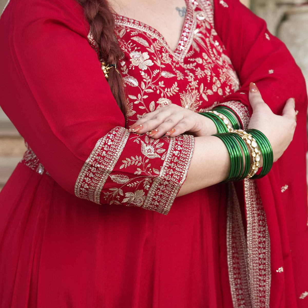 Taj Aangan- Red Zari & Sequin Embroidered Pure Chinon Anarkali Set
