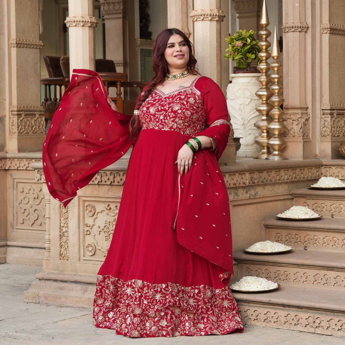 Taj Aangan- Red Zari & Sequin Embroidered Pure Chinon Anarkali Set