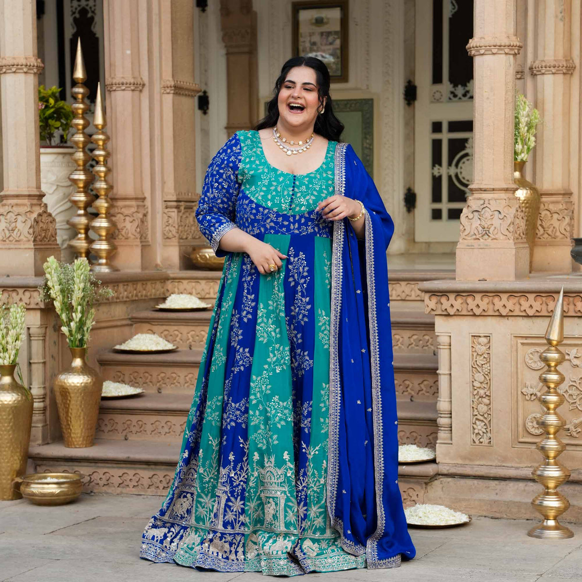 Twin Flames- Rama Green & Royal Blue Zari & Sequin Embroidered Pure Chinon Anarkali Set