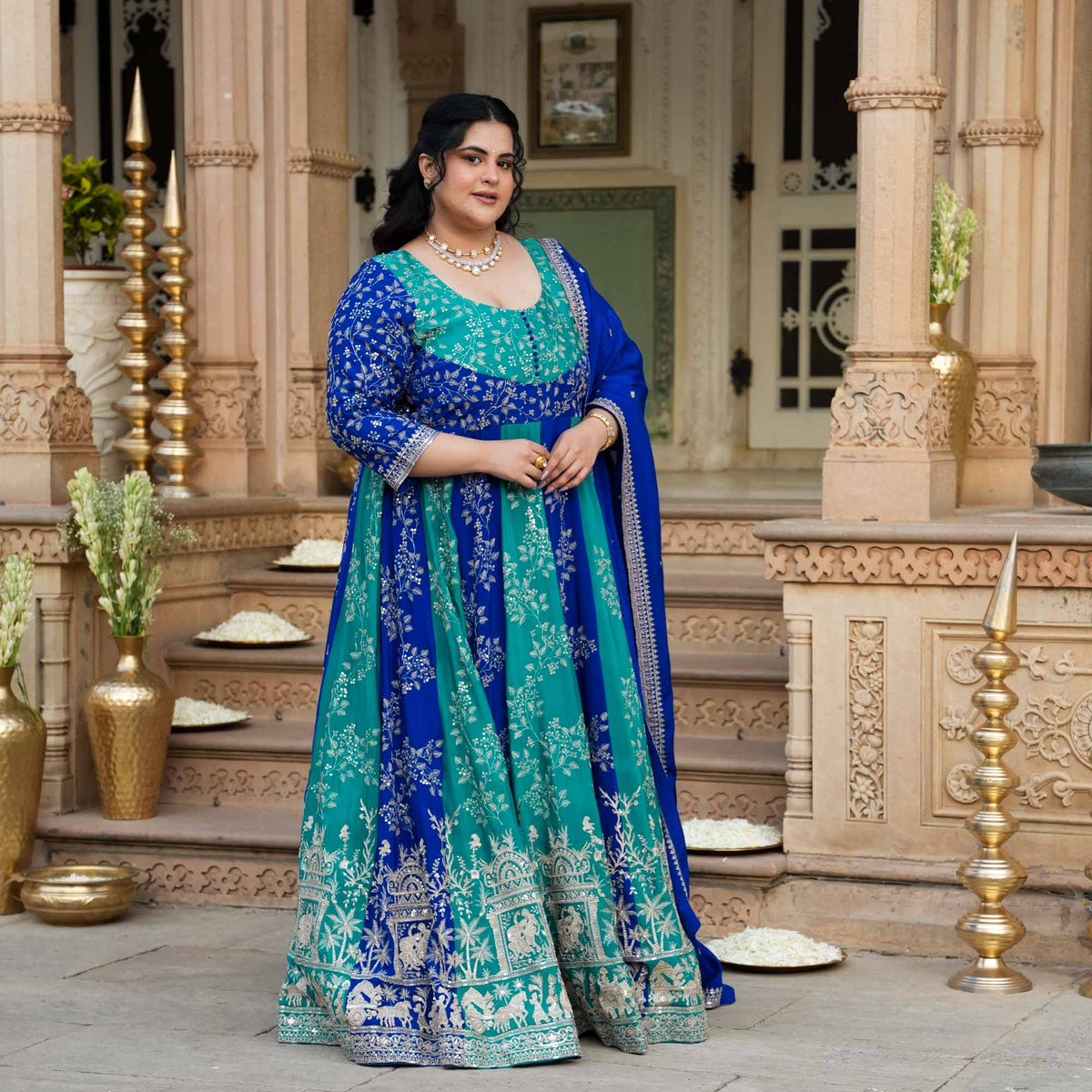 Twin Flames- Rama Green & Royal Blue Zari & Sequin Embroidered Pure Chinon Anarkali Set