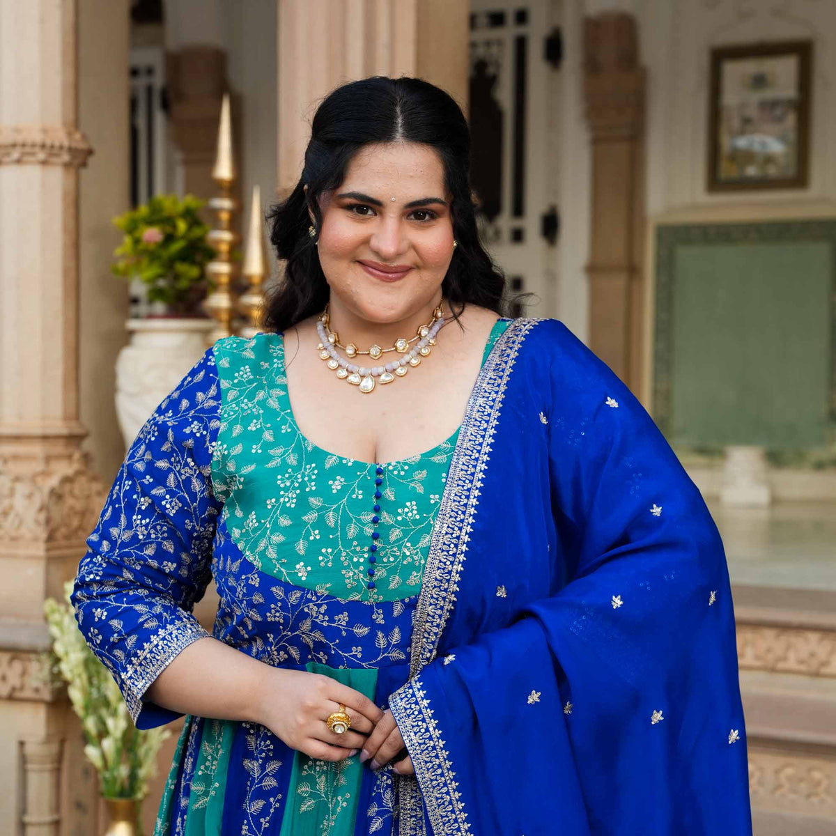 Twin Flames- Rama Green & Royal Blue Zari & Sequin Embroidered Pure Chinon Anarkali Set