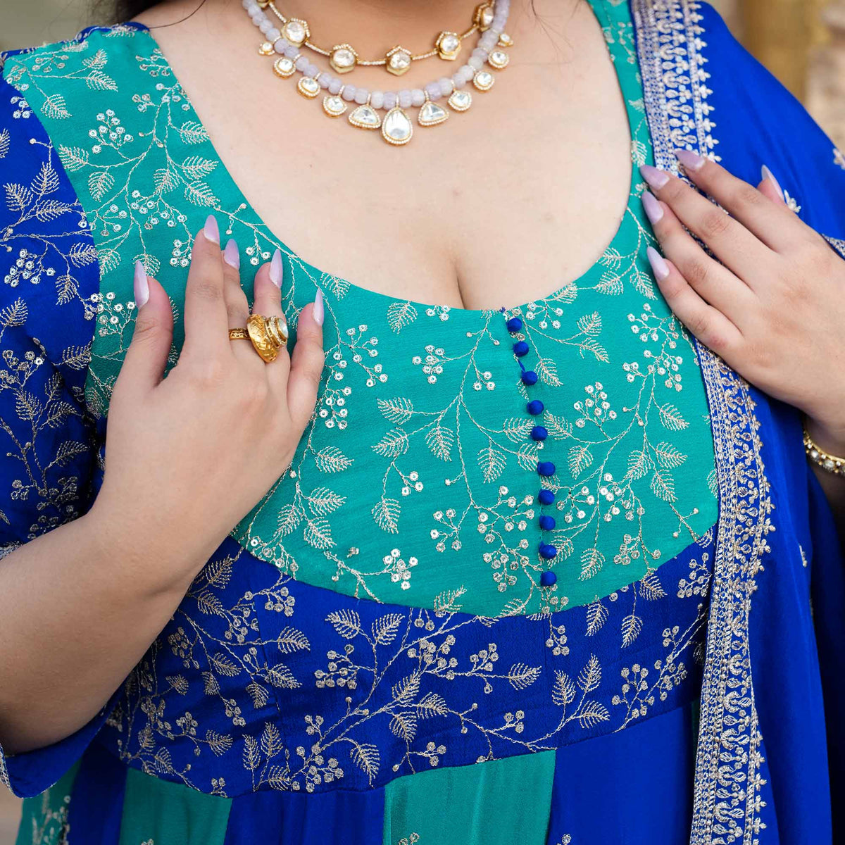 Twin Flames- Rama Green & Royal Blue Zari & Sequin Embroidered Pure Chinon Anarkali Set