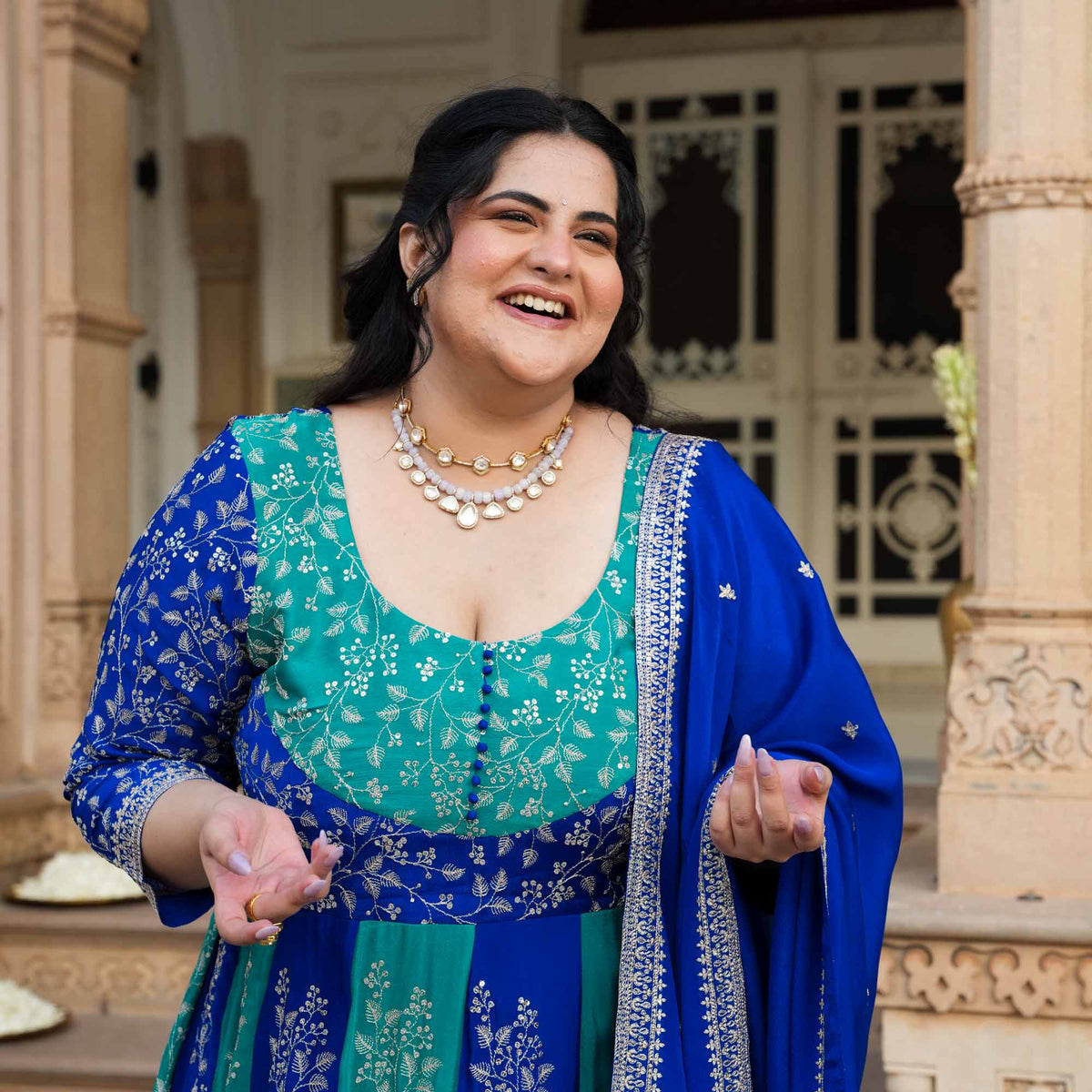Twin Flames- Rama Green & Royal Blue Zari & Sequin Embroidered Pure Chinon Anarkali Set