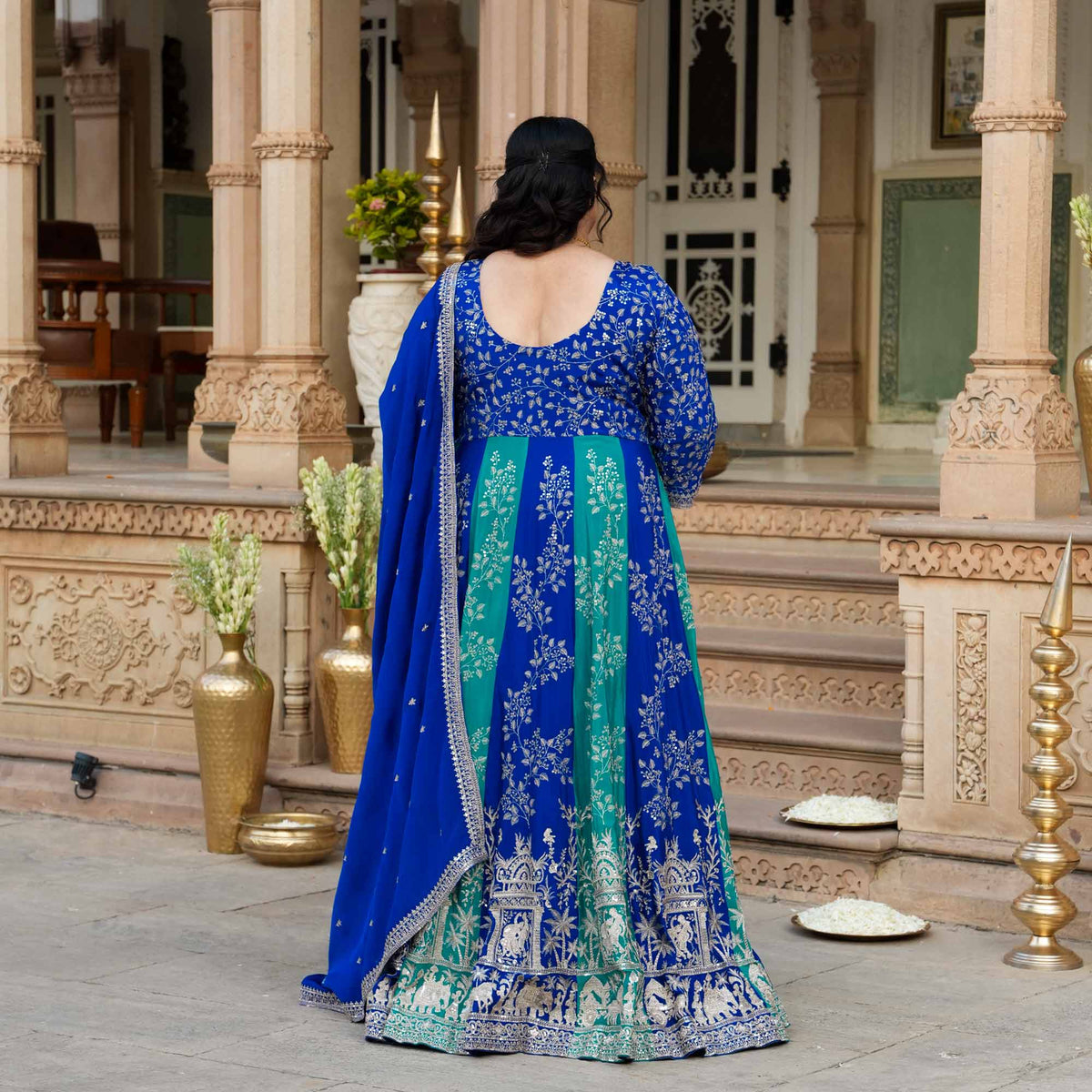 Twin Flames- Rama Green & Royal Blue Zari & Sequin Embroidered Pure Chinon Anarkali Set