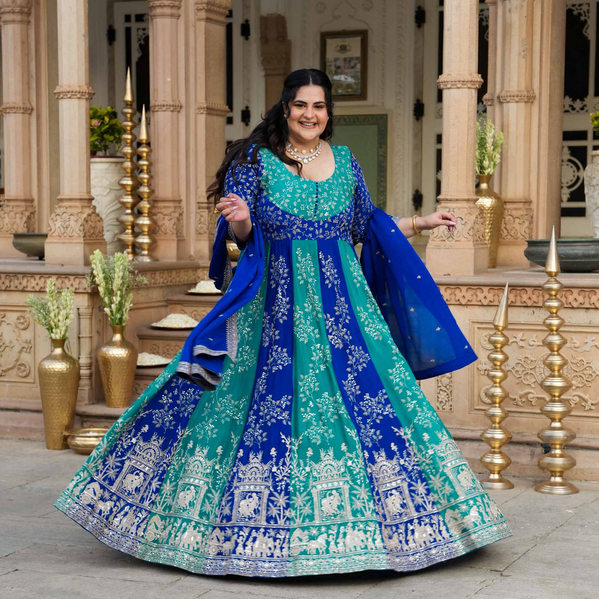 Twin Flames- Rama Green & Royal Blue Zari & Sequin Embroidered Pure Chinon Anarkali Set