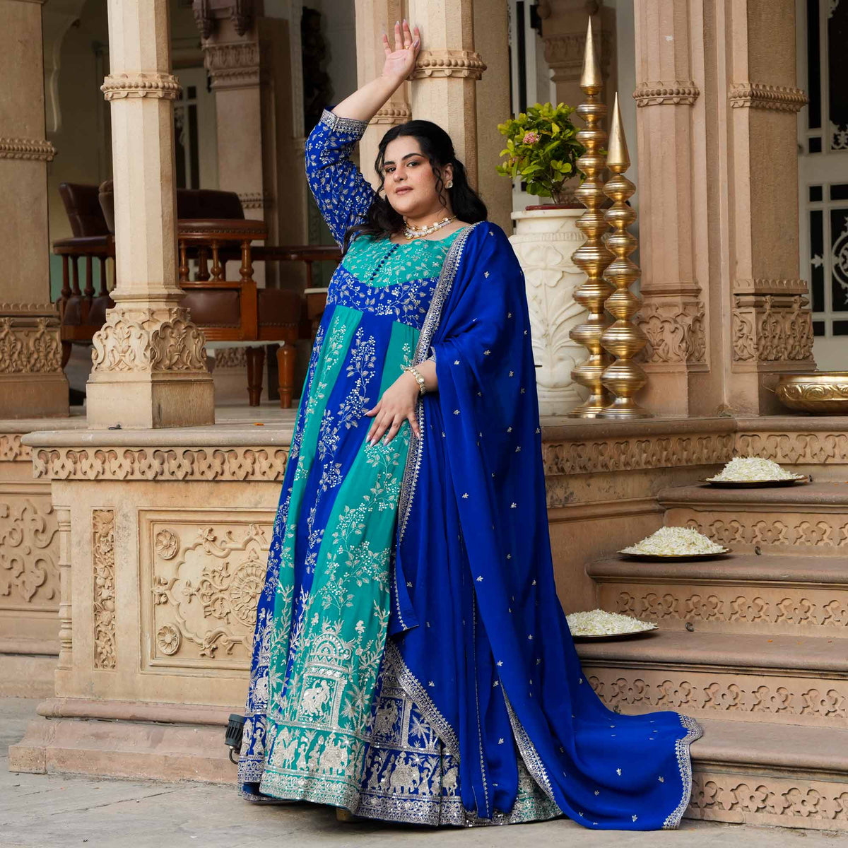 Twin Flames- Rama Green & Royal Blue Zari & Sequin Embroidered Pure Chinon Anarkali Set
