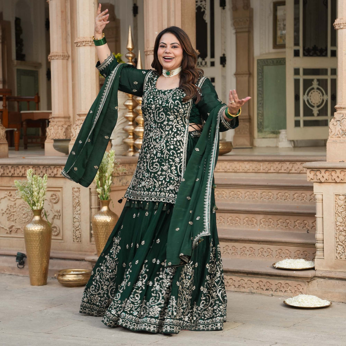 Suryagarh- Rust Thread & Sequin Embroidered Pure Chinon Lehenga Set