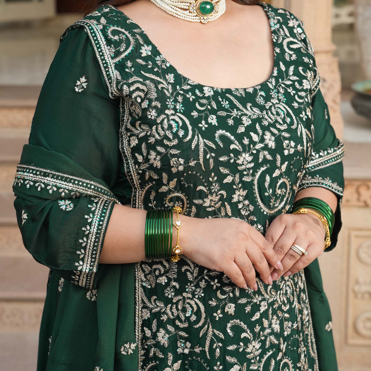 Suryagarh- Rust Thread & Sequin Embroidered Pure Chinon Lehenga Set